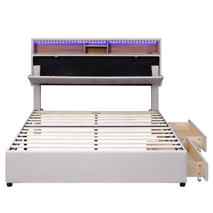 Upholstered Bed with Storage Headboard, LED, USB Charging and 2 Drawers