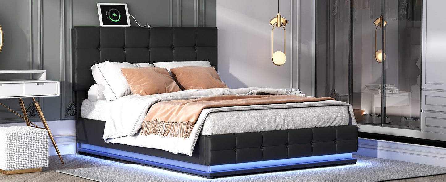 tufted upholstered platform bed with hydraulic storage system, led lights, and usb charger, black