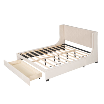 Modern Velvet Upholstered Platform Bed with Wingback Headboard and a Big Drawer