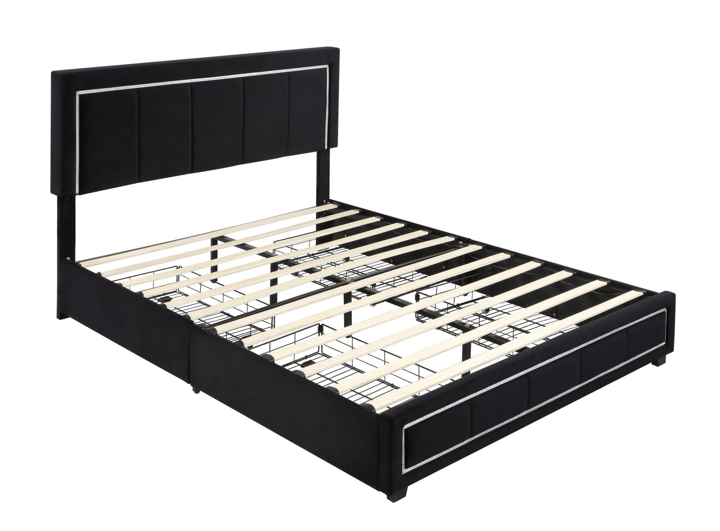 upholstered queen size platform bed with led lights, storage bed with 4 drawers, black
