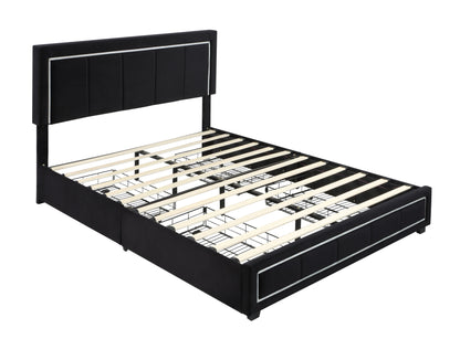 Upholstered Queen Size Platform Bed with LED Lights, Storage Bed with 4 Drawers, Black