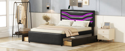 Retro Upholstered Storage Platform Bed with LED, 4 Drawers and USB Charging, Black