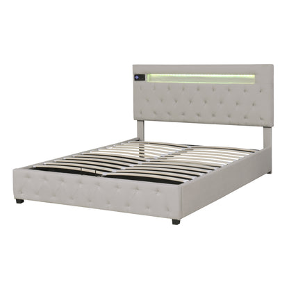 Upholstered Bed Featured with Bluetooth Audio, LED Light and USB Charging, Beige