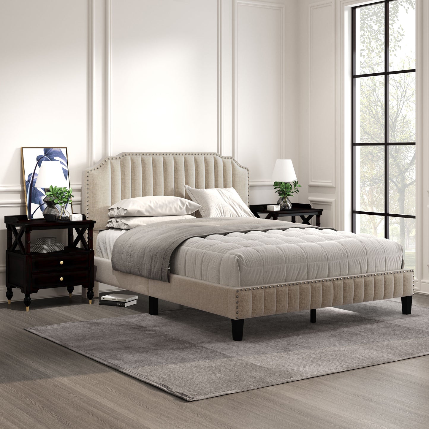 3 pieces bedroom set modern linen curved upholstered beige platform queen bed with two black cherry nightstands