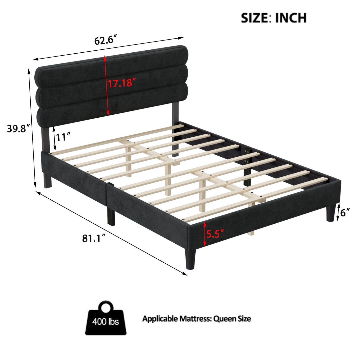 rudy queen bed frame with headboard, dark grey