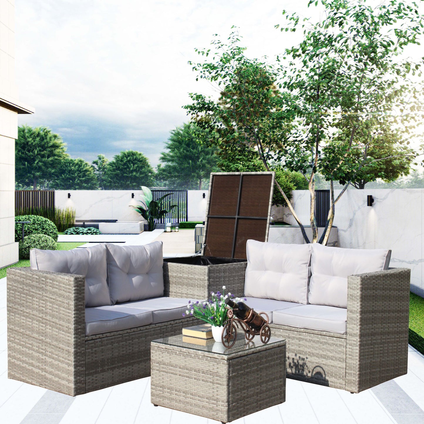 4 piece patio sectional wicker rattan outdoor furniture sofa set with storage box grey