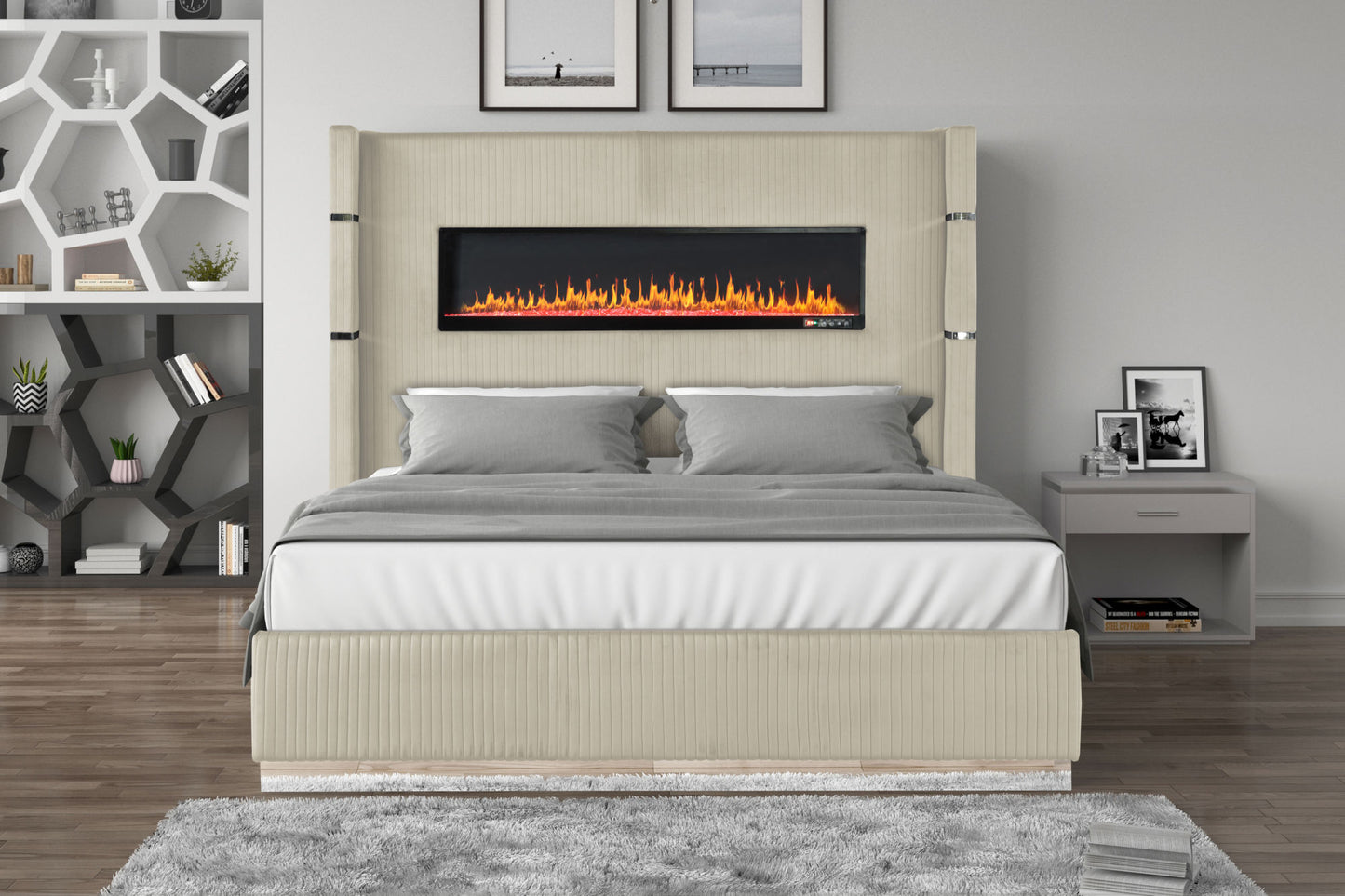 lizelle upholstery wooden queen bed with ambient lighting in beige velvet finish