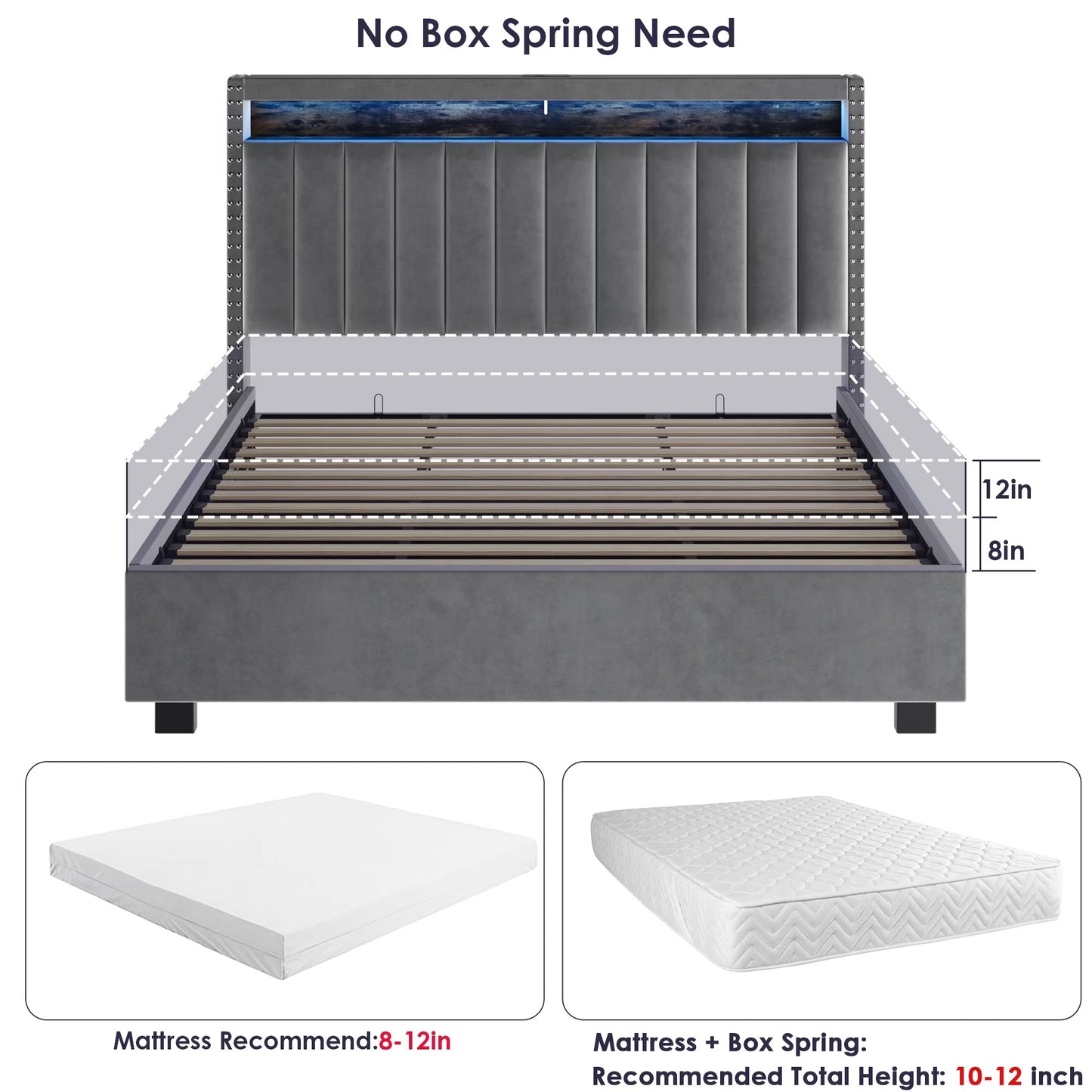 luxury gas lift storage bed with rf led lights ,velvet grey