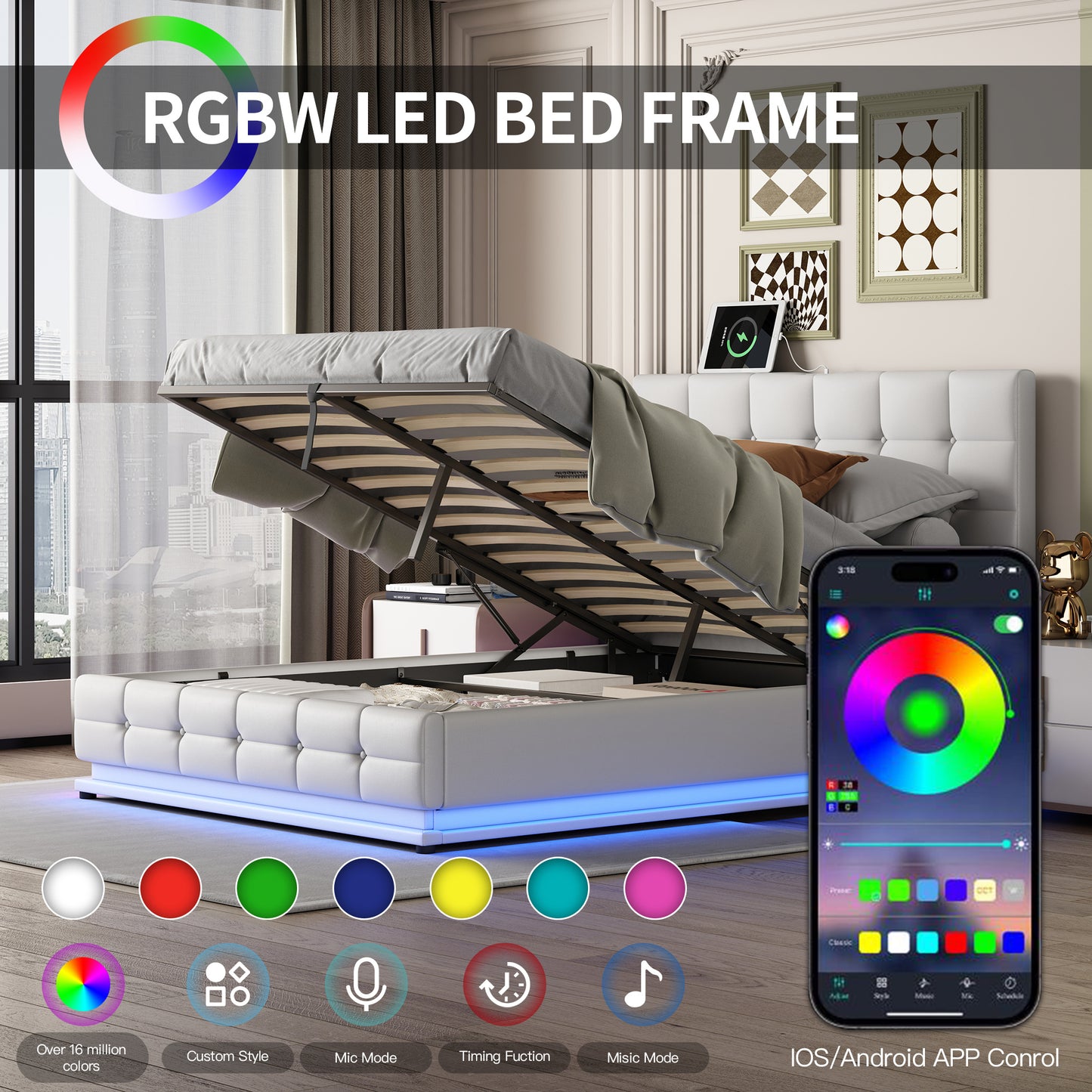 tufted upholstered platform bed with hydraulic storage system, led lights, and usb charger, black