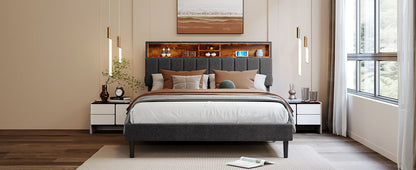 Upholstered Platform Bed with Storage Headboard and USB Port