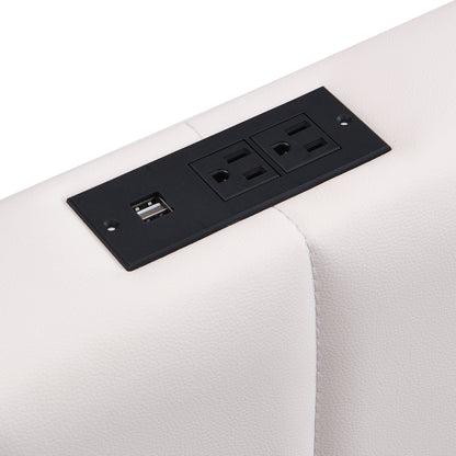 Upholstered Bed with Hydraulic Storage System and LED Light, Sockets, and USB Ports, White