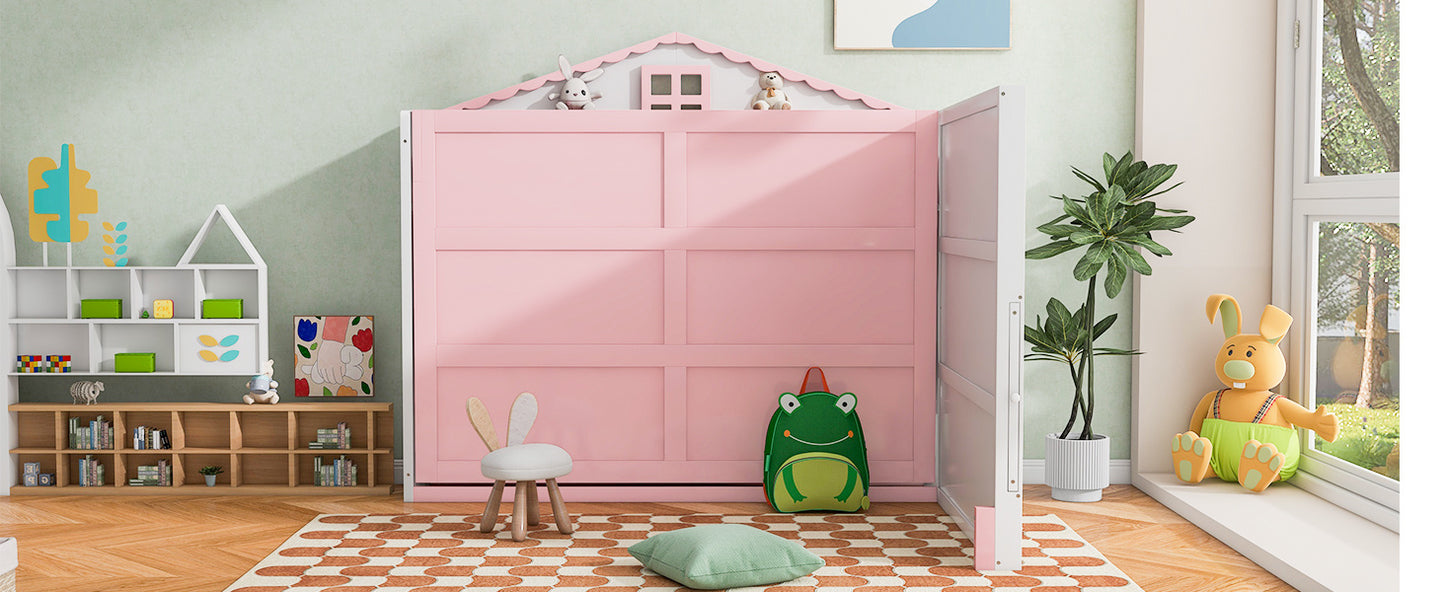 house murphy bed with usb, storage shelves and blackboard, pink+white