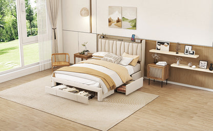 Queen Size Bed Frame with Storage Headboard and Charging Station, Beige
