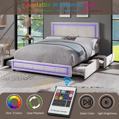Upholstered Queen Size Platform Bed with LED Lights, Storage Bed with 4 Drawers, Beige