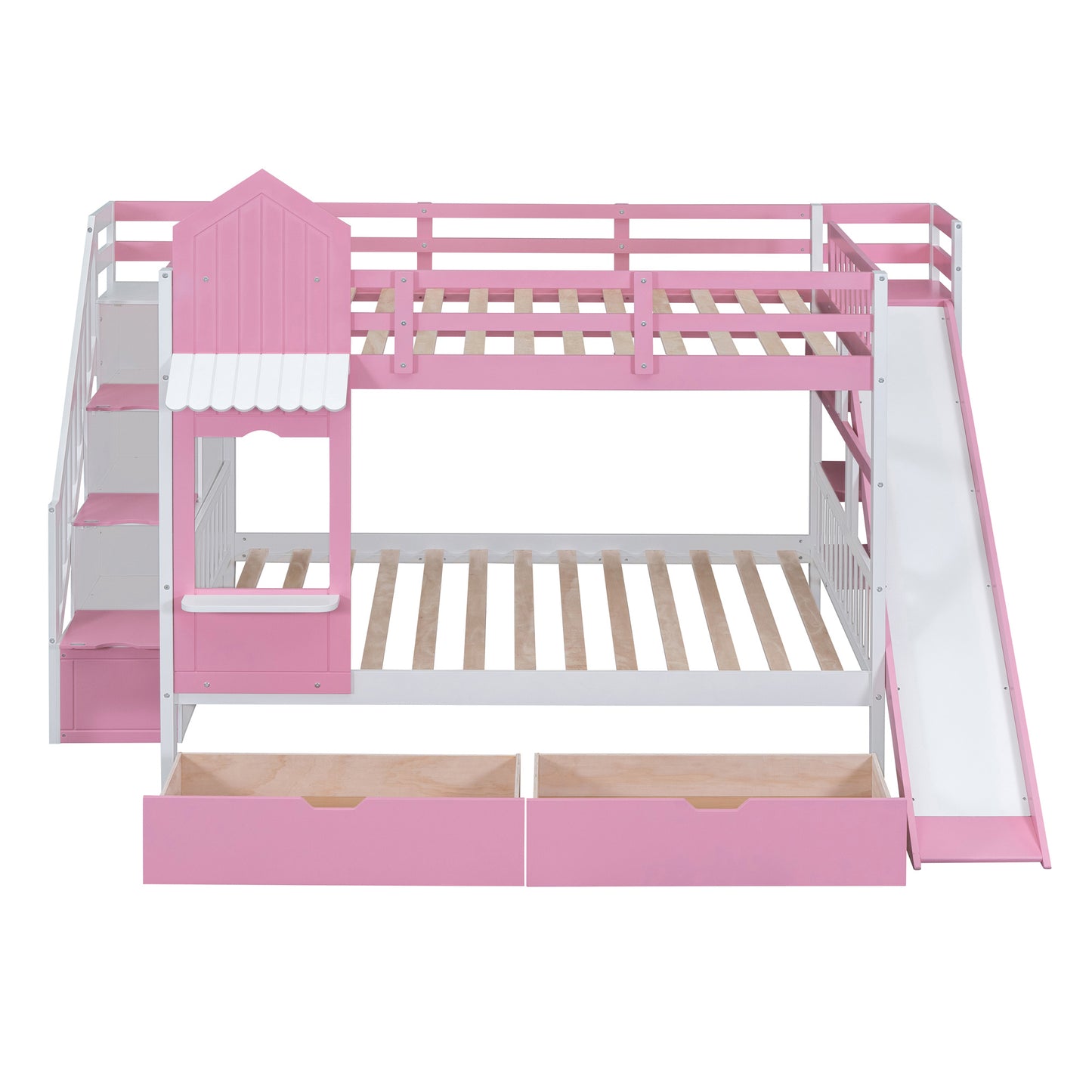 full-over-full castle style bunk bed with 2 drawers 3 shelves and slide - pink