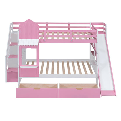 Full-Over-Full Castle Style Bunk Bed with 2 Drawers 3 Shelves and Slide - Pink