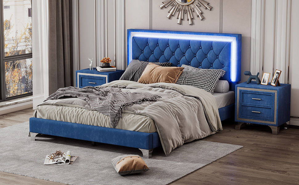 3-pieces upholstered platform bed with led lights and two nightstands-blue