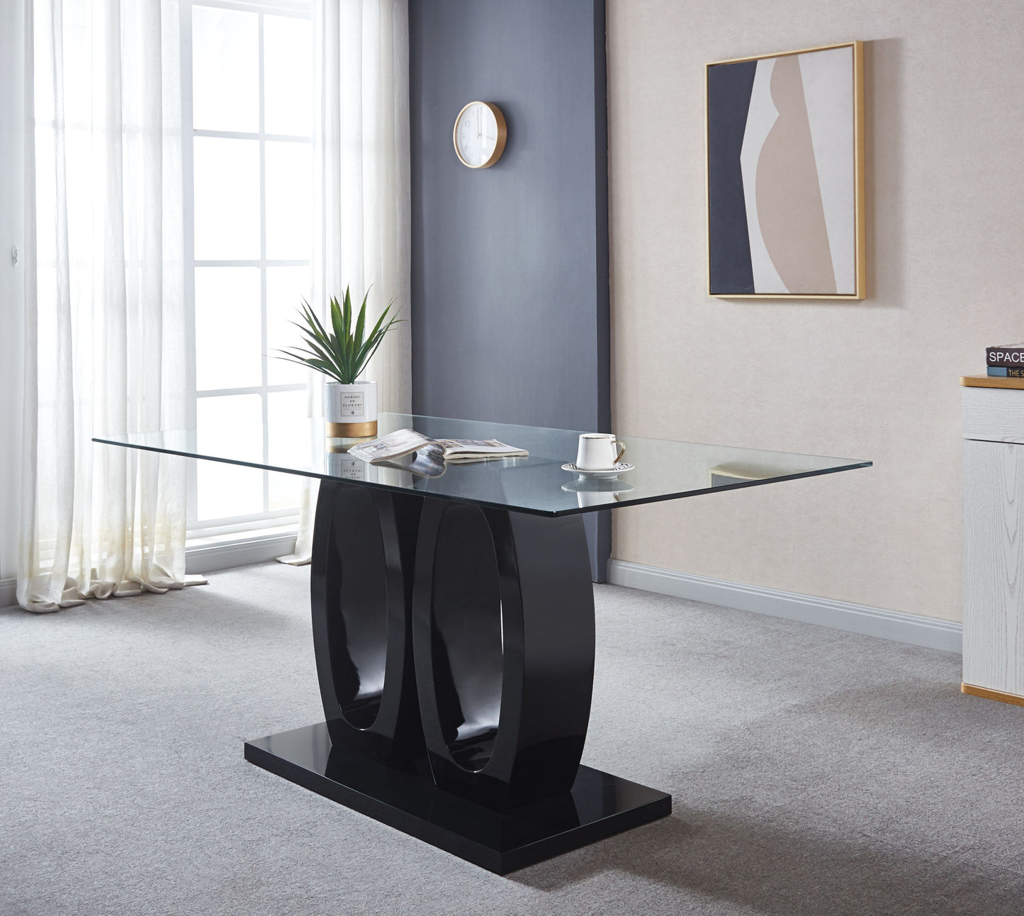 double pedestal dining table- tempered glass, black