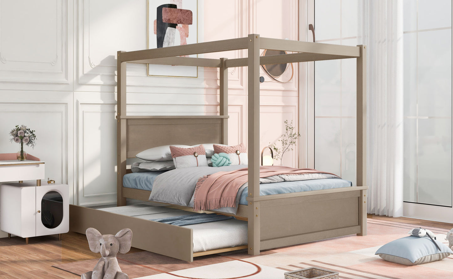 wood canopy bed with trundle