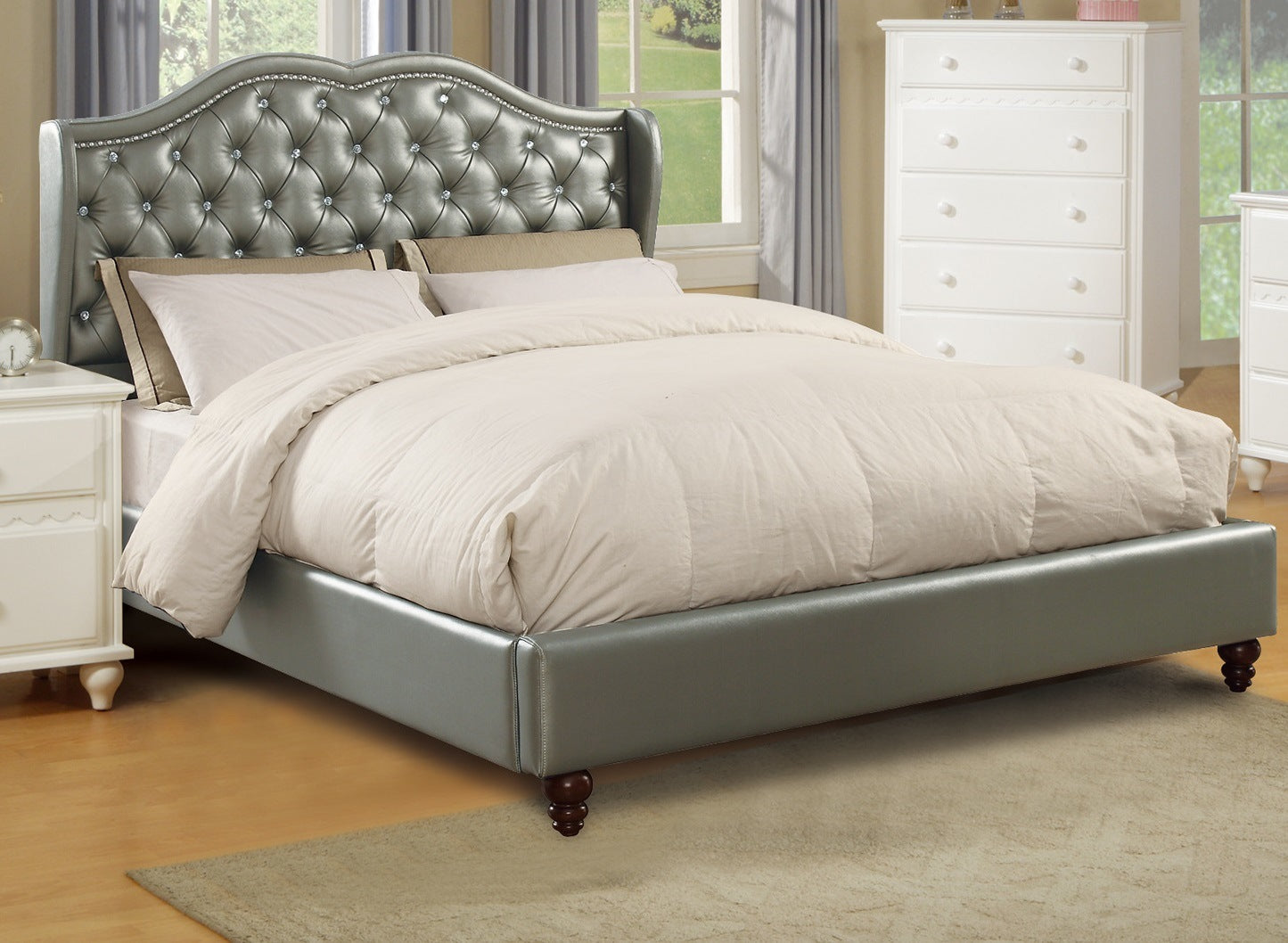 faux leather upholstered wingback design bed, silver