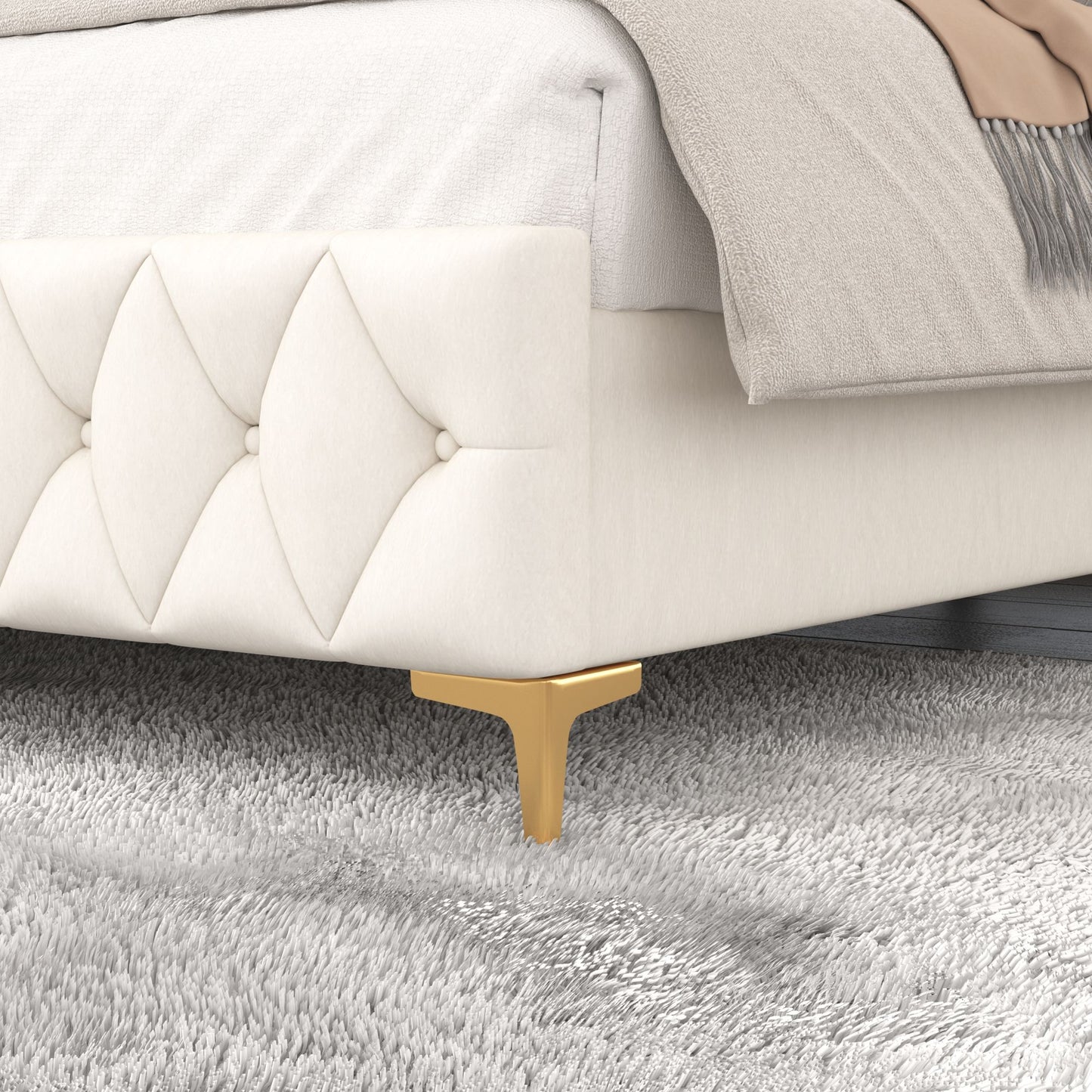 velvet upholstered bed with deep tufted buttons & pneumatic hydraulic function, beige