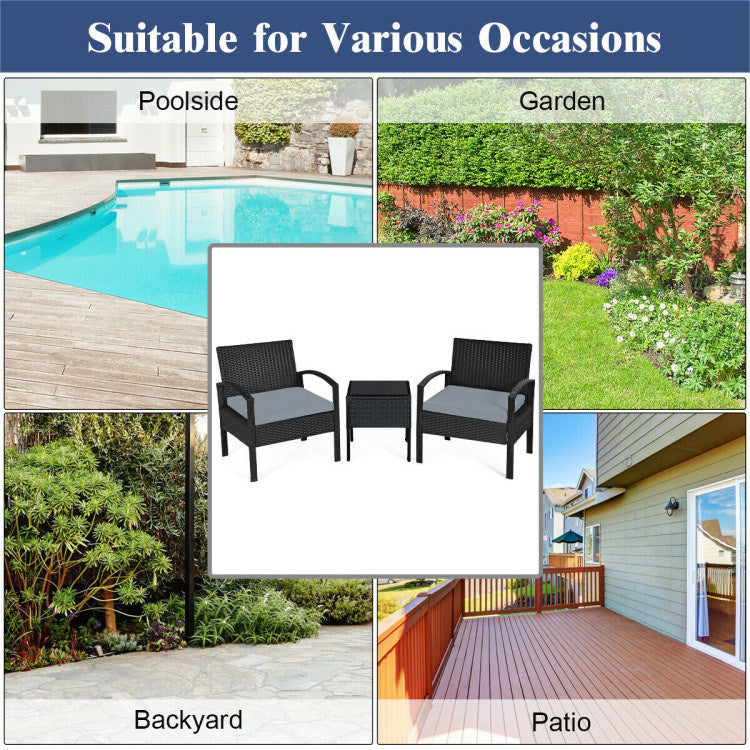 3 pieces outdoor rattan patio conversation set with seat cushions