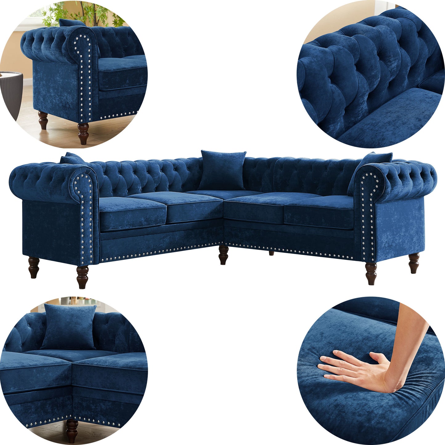 luxury classic chesterfield l-shaped sofa 3 pillows included, blue velvet