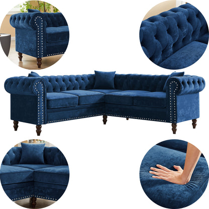 Luxury Classic Chesterfield L-shaped Sofa 3 Pillows Included, Blue Velvet