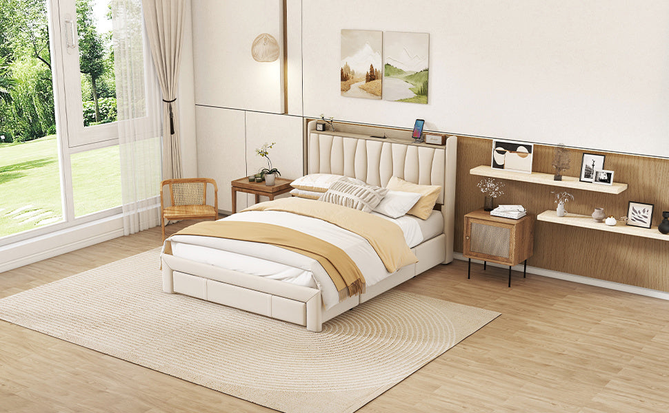 queen size bed frame with storage headboard and charging station, beige