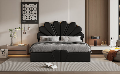 Upholstered Petal Shaped Platform Bed with Hydraulic Storage System, PU Storage Bed, Black