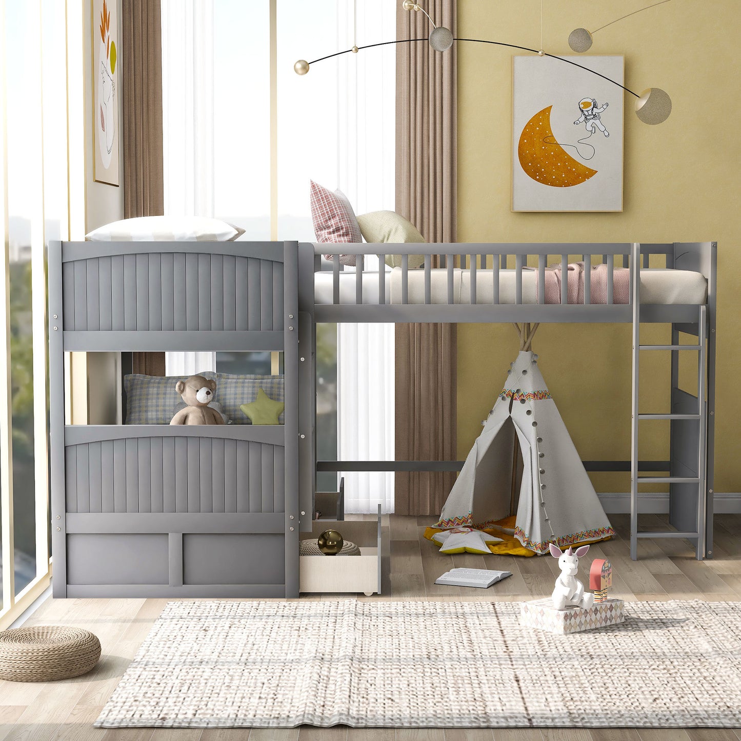 twin size bunk bed with a loft bed attached and two drawers, gray