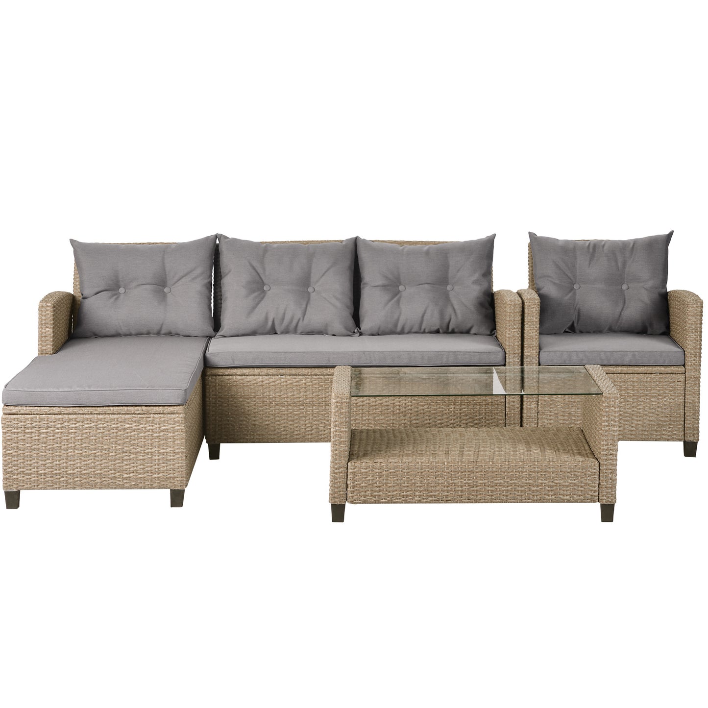 4 piece wicker ratten sectional sofa set with seat cushions, beige brown