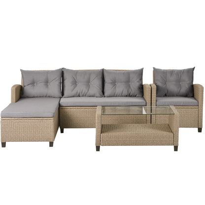 4 Piece Wicker Ratten Sectional Sofa Set with Seat Cushions, Beige Brown