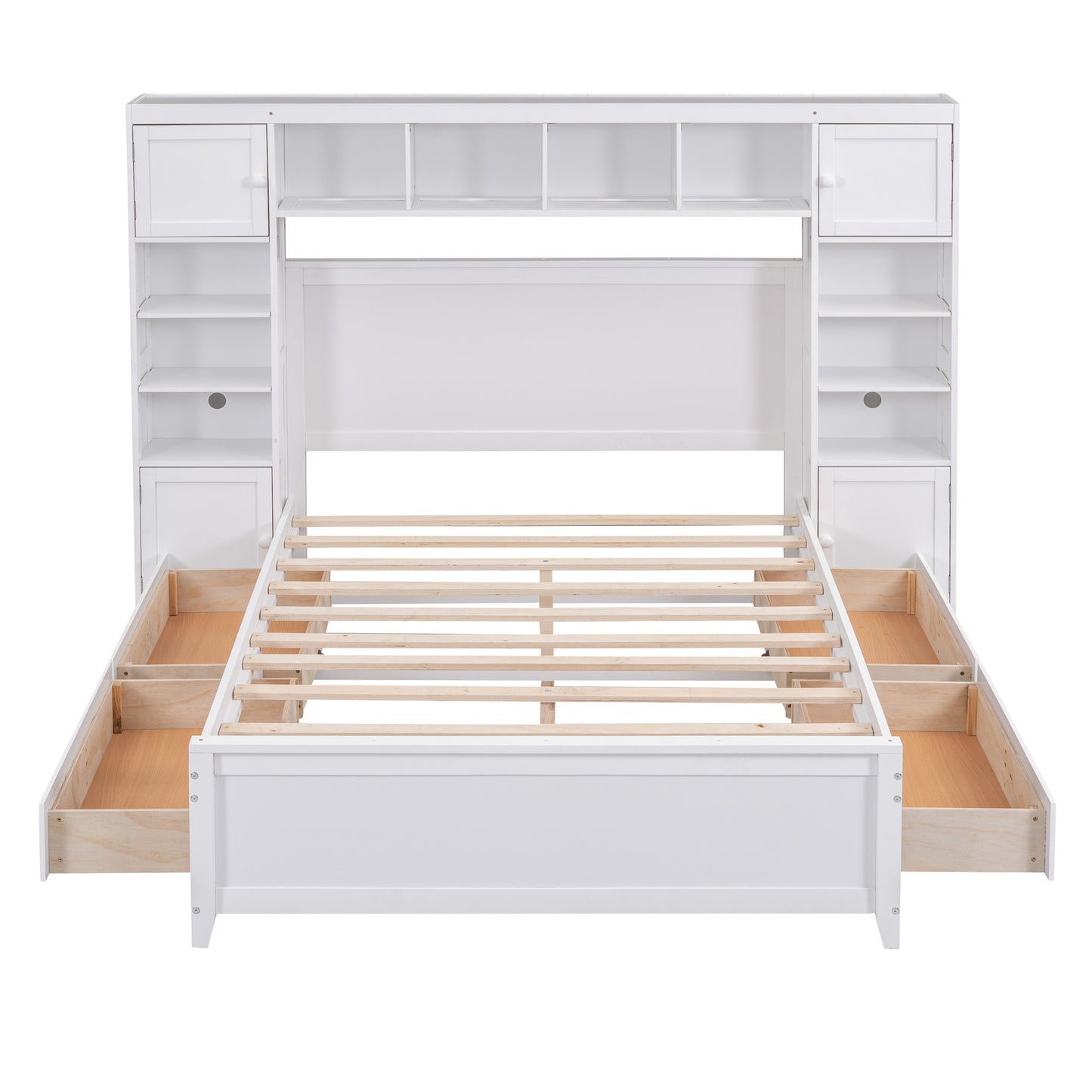 wooden bed with all-in-one cabinet and shelf