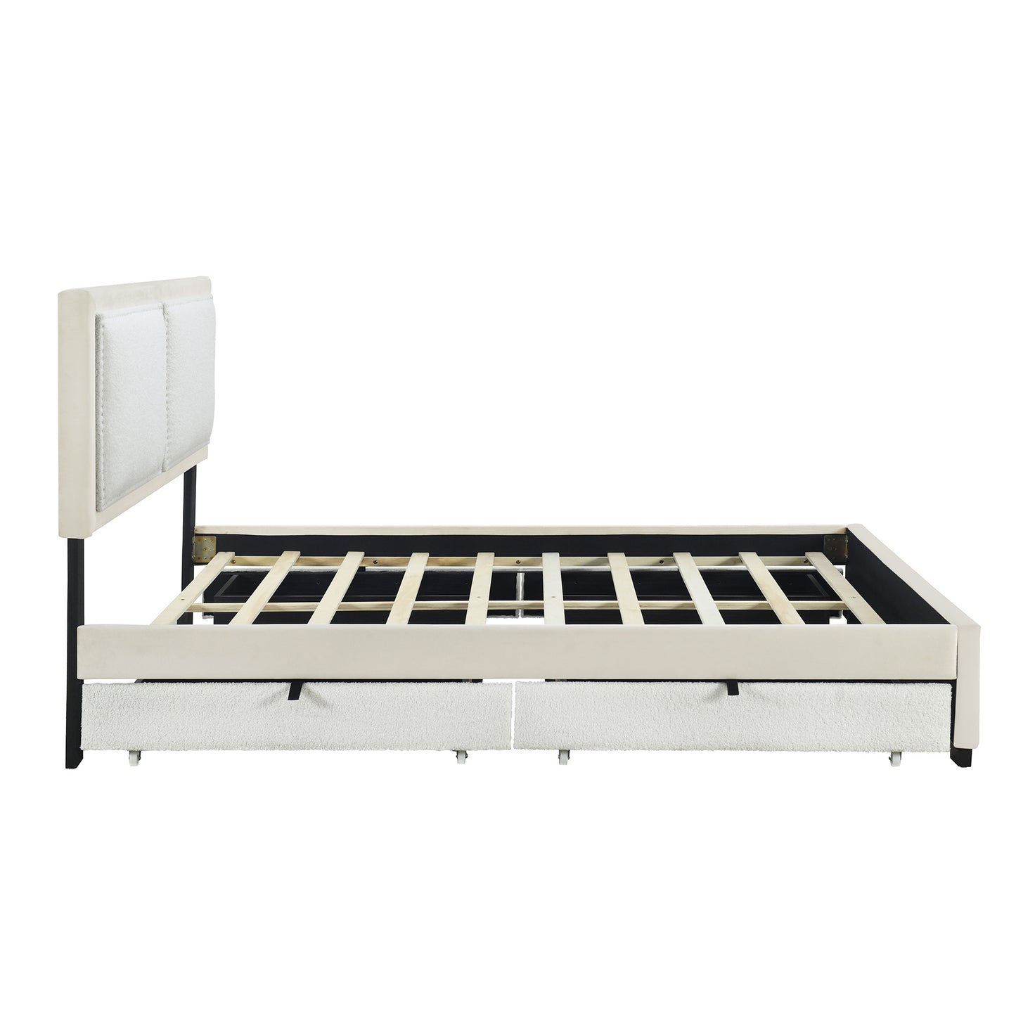 teddy upholstered platform bed with large rivet-decorated backrests and 4 drawers, velvet beige+white