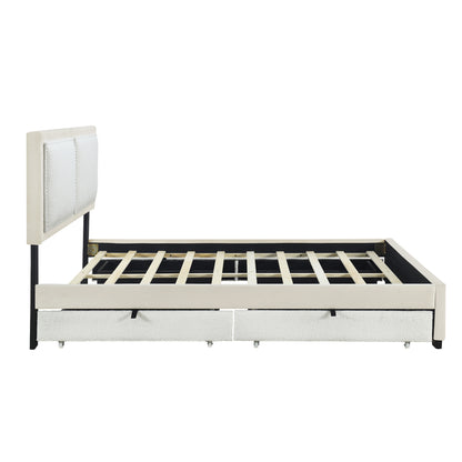 Teddy Upholstered Platform Bed with Large Rivet-decorated Backrests and 4 Drawers, Velvet Beige+White