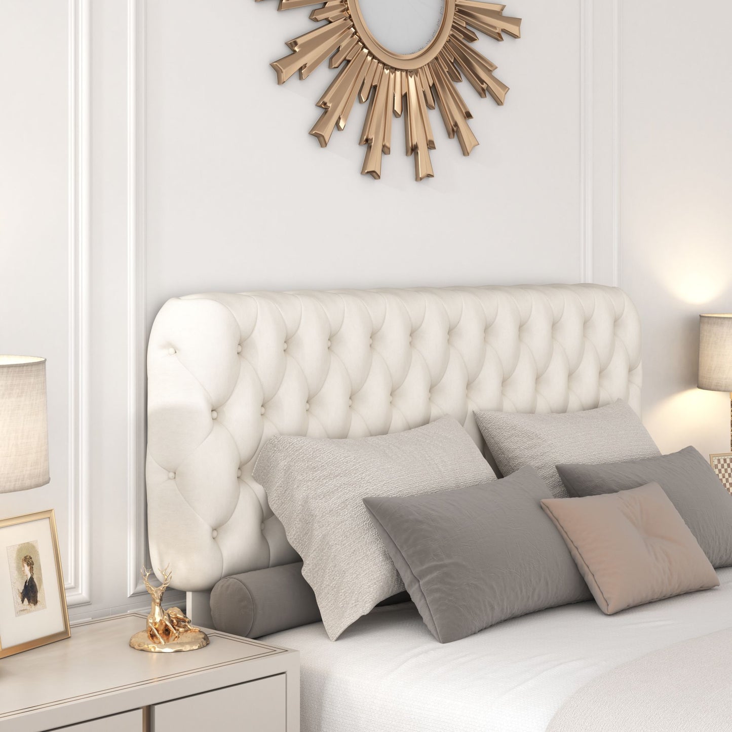velvet upholstered bed with deep tufted buttons & pneumatic hydraulic function, beige