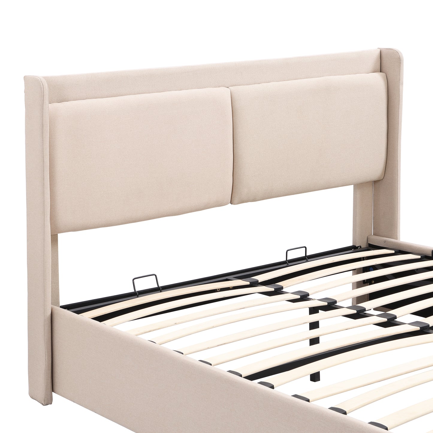queen size storage upholstered hydraulic platform bed with 2 drawers, beige