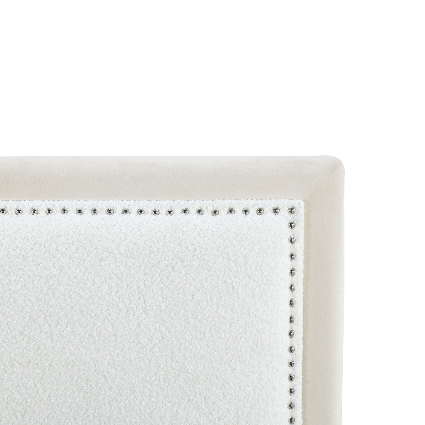 teddy upholstered platform bed with large rivet-decorated backrests and 4 drawers, velvet beige+white