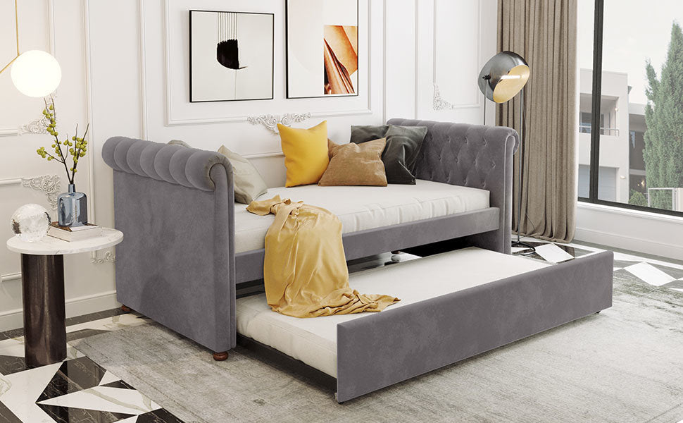 sara upholstered bed with trundle, gray