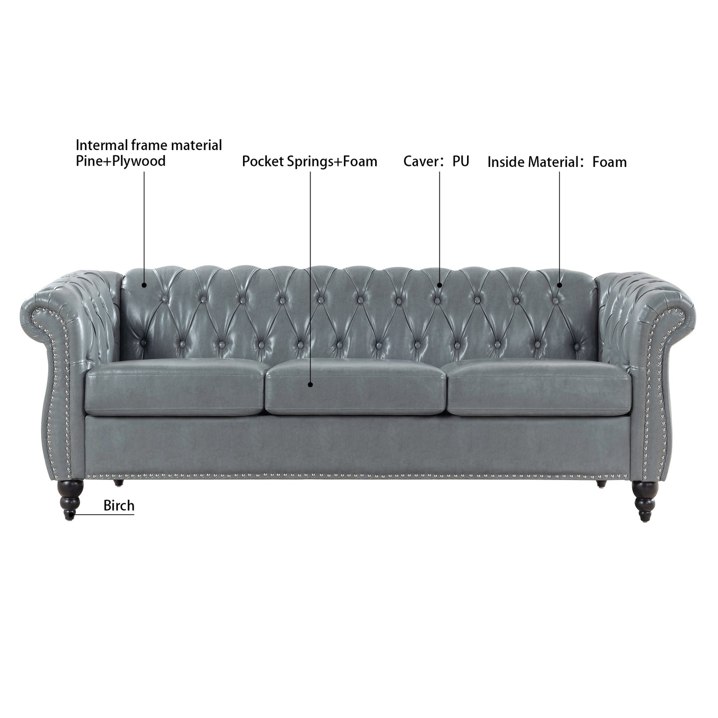 84.65" rolled arm chesterfield 3 seater sofa.