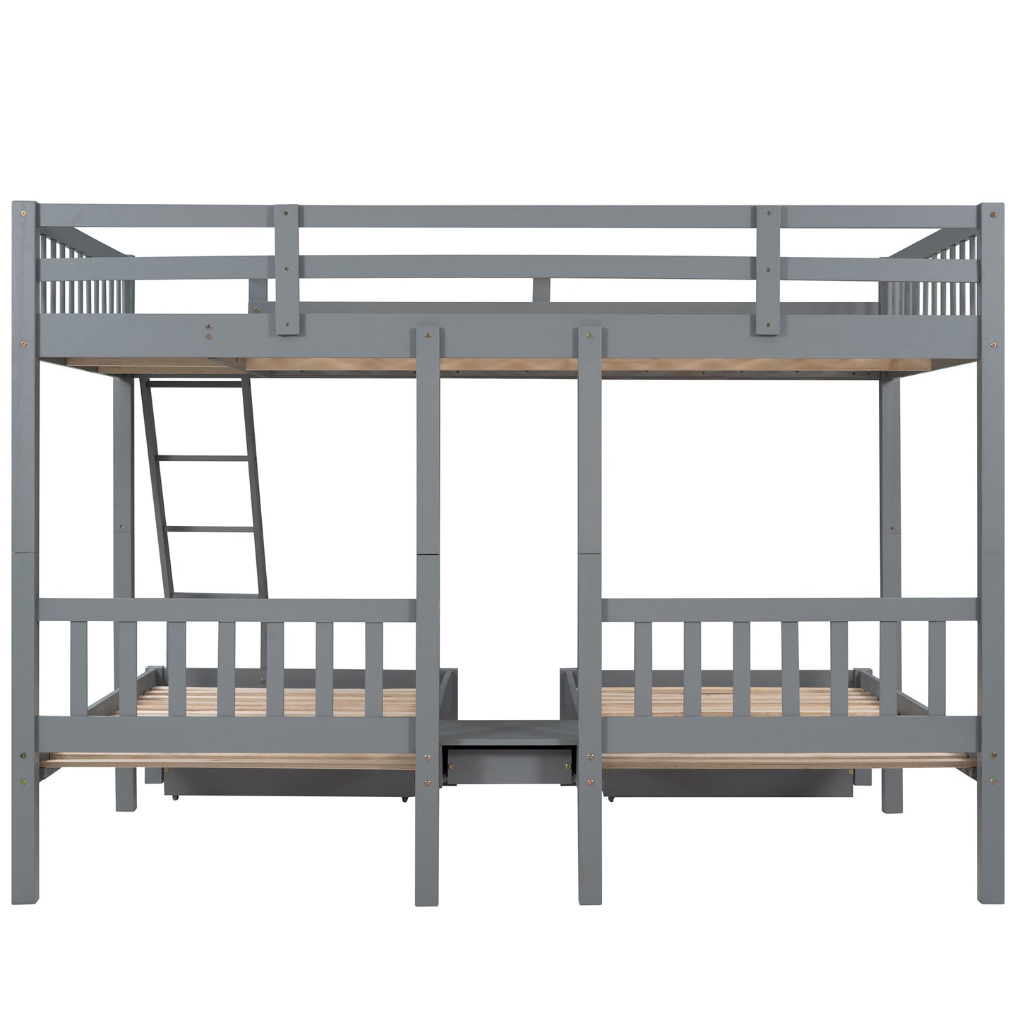 triple bunk bed with drawers and guardrails, gray