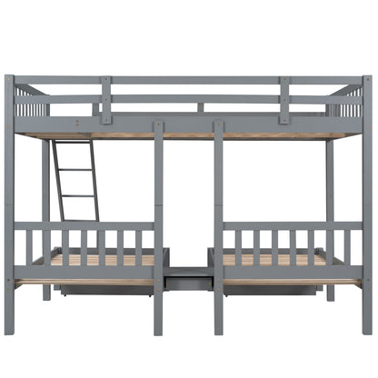 Triple Bunk Bed with Drawers and Guardrails, Gray