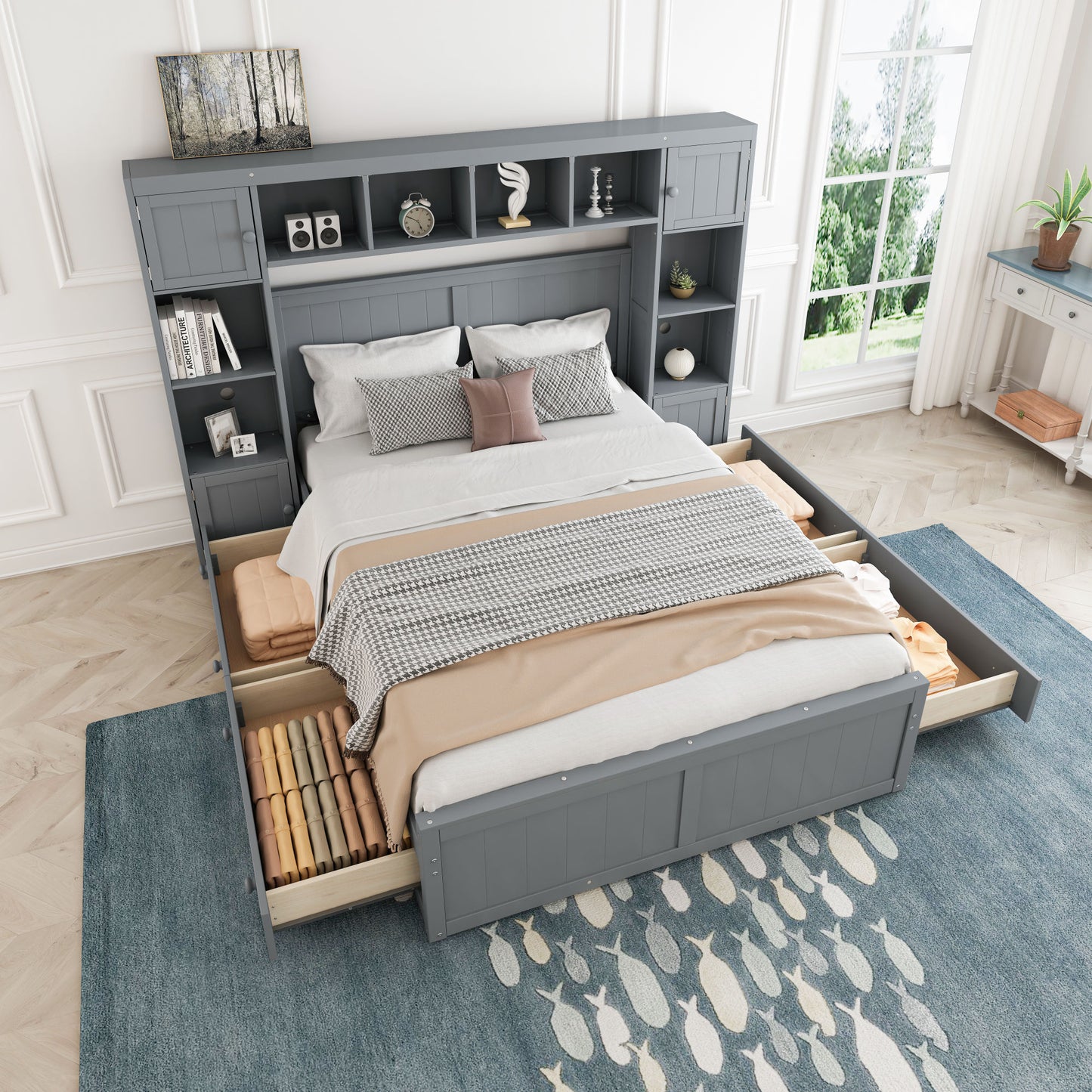 elegant and functional bed with 4 drawers and all-in-one cabinet and shelf, grey