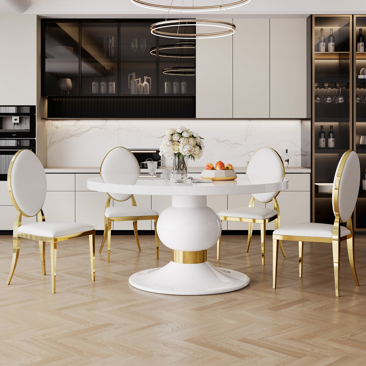 59" round white mdf dining table, base with gold finish stainless steel circle
