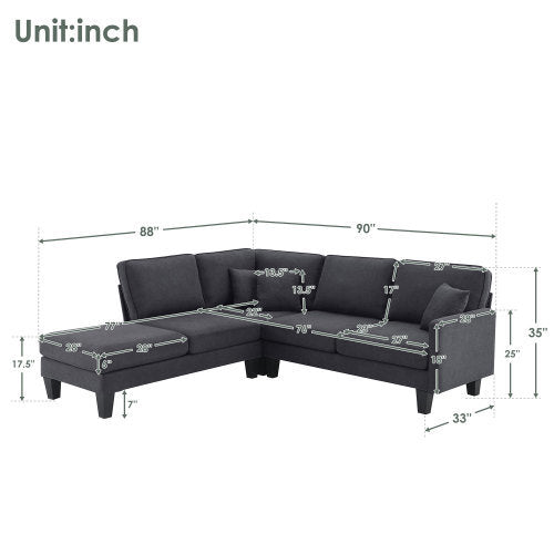 terry 5-seat couch set with chaise with 3 pillows