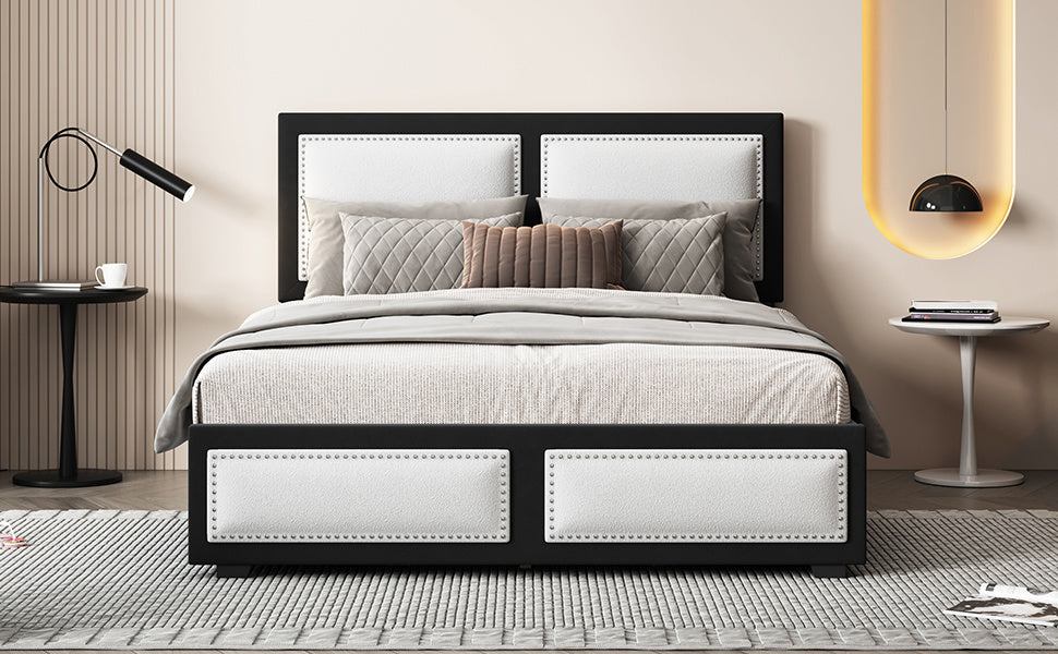 teddy upholstered platform bed with large rivet-decorated backrests and 4 drawers, velvet black+white