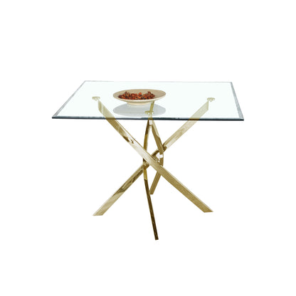 Square Clear Dining Tempered Glass Table with Gold Finish Stainless Steel Legs