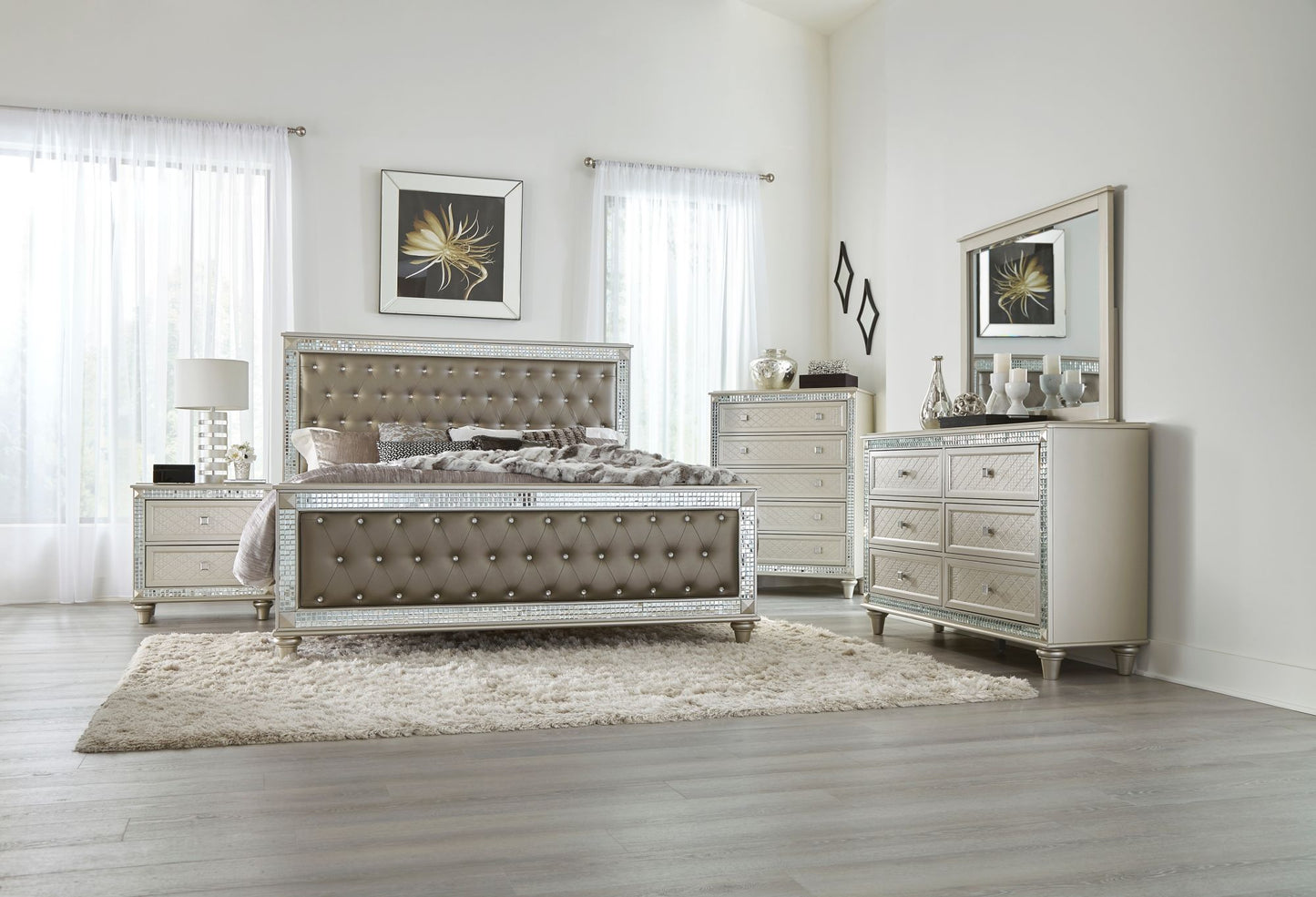 glamorous style champagne finish queen upholstered bed