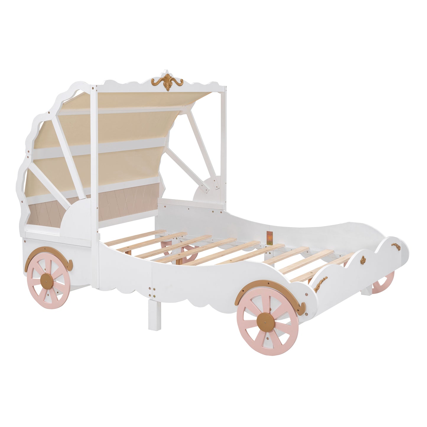 princess carriage bed with canopy, white+pink+gold
